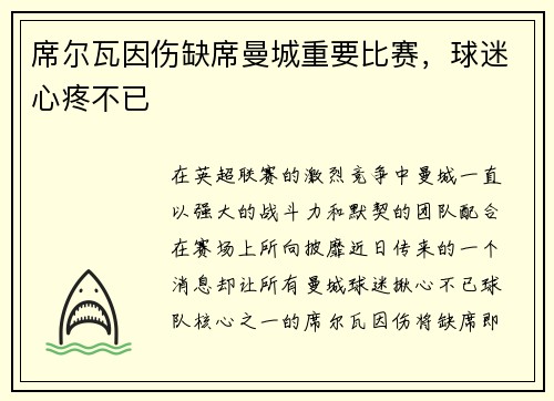 席尔瓦因伤缺席曼城重要比赛，球迷心疼不已